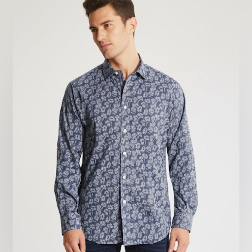 Egara Blue Striped Floral Print Casual Button Up Shirt Flip Cuffs Size XXL
